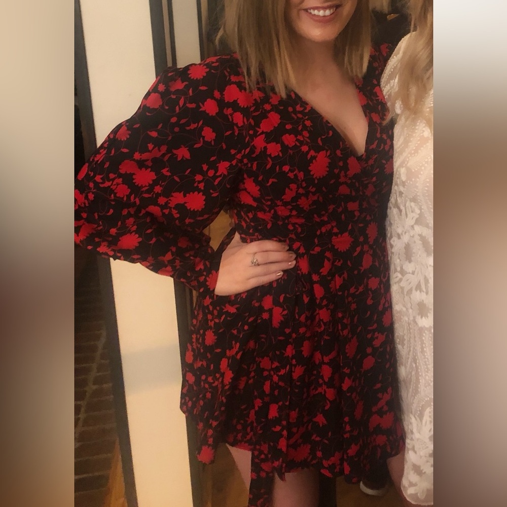 C/MEO Collective Long Puff Sleeve Floral Wrap Mini Dress